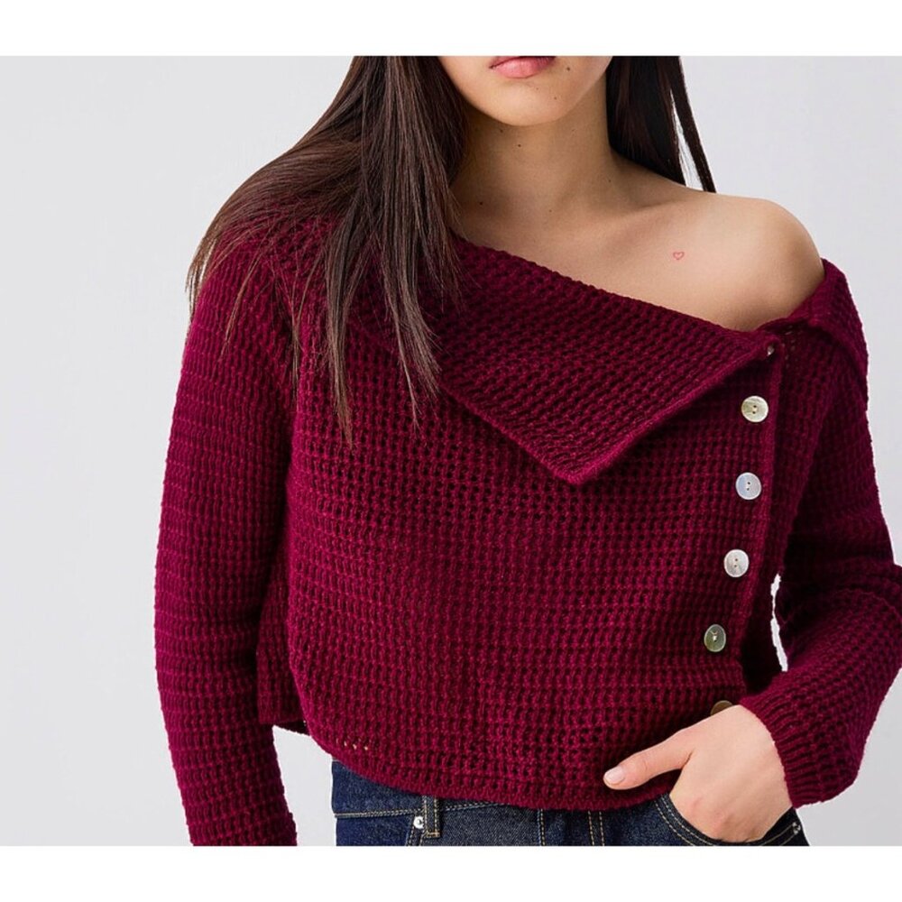 Commense‎ Burgundy Knit Sweater Asymmetric Button Folded Collar Women's Medium